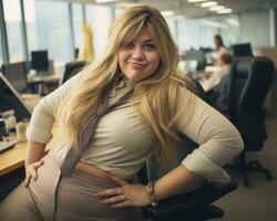 un mujer en un oficina posando para el cámara generativo ai foto