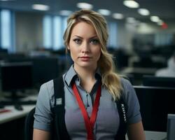 a woman in an office setting with a red lanyard around her neck generative ai photo