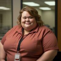 a woman in an office wearing a red shirt generative ai photo