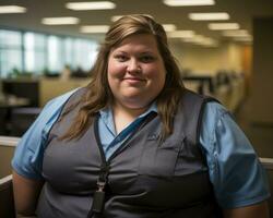 a woman in an office wearing a blue shirt generative ai photo