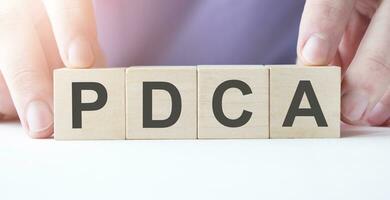 Businessman hand holding wooden cube block with PDCA business word on table background. photo