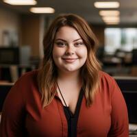 a woman in an office with a smile on her face generative ai photo