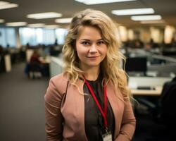 un mujer en un oficina generativo ai foto