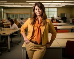 un mujer en un naranja camisa y marrón pantalones en pie en un oficina generativo ai foto