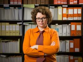 a woman in an orange shirt and glasses standing in front of a file cabinet generative ai photo