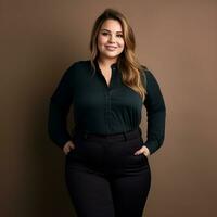 a woman in black pants and a green shirt generative ai photo