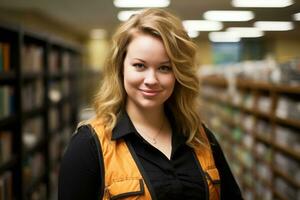 a woman in an orange vest standing in front of bookshelves generative ai photo