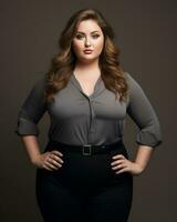 a woman in black pants and a gray blouse generative ai photo