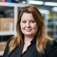 a woman in black shirt and black blazer standing in front of shelves generative ai photo