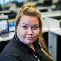 a woman in black shirt sitting at an office desk generative ai photo