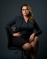 a woman in glasses and a business suit sitting on an office chair generative ai photo