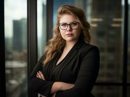 a woman in glasses and a black suit standing in front of a window generative ai photo