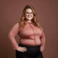 a woman in glasses and a pink shirt posing for the camera generative ai photo