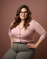 un mujer en lentes y un rosado camisa posando para el cámara generativo ai foto