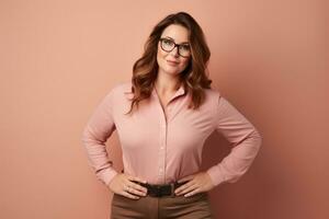 a woman in glasses and a pink shirt posing for the camera generative ai photo