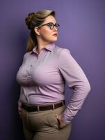 a woman in glasses and a purple shirt posing against a purple background generative ai photo