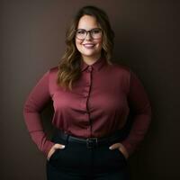 a woman in glasses and a red shirt standing in front of a brown background generative ai photo
