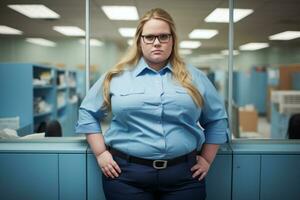 un mujer en azul camisa y lentes en pie en un oficina generativo ai foto