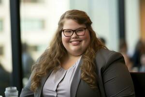 a woman in glasses and a suit sitting at a table generative ai photo