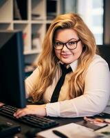 a woman in glasses is sitting at a desk in front of a computer generative ai photo