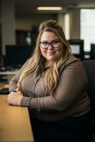 a woman in glasses sitting at a desk in an office generative ai photo