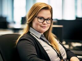 a woman in glasses sitting at a desk in an office generative ai photo