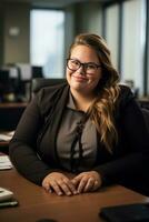 a woman in glasses sitting at a desk in an office generative ai photo