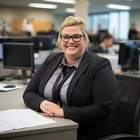 a woman in glasses sitting at a desk in an office generative ai photo