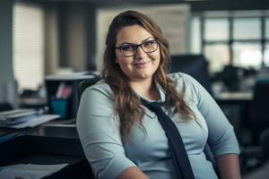 a woman in glasses sitting at a desk in an office generative ai photo