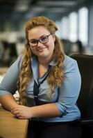 a woman in glasses sitting at a desk in an office generative ai photo