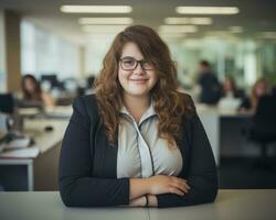 un mujer en lentes sentado a un escritorio en un oficina generativo ai foto