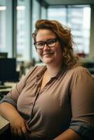 a woman in glasses sitting at a desk in an office generative ai photo