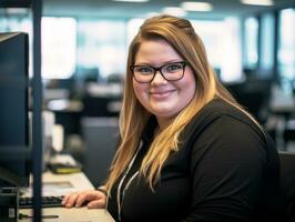 a woman in glasses sitting at a desk in front of a computer generative ai photo