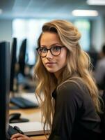 a woman in glasses sitting at a desk in front of a computer generative ai photo