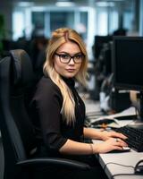 a woman in glasses sitting at a desk in front of a computer generative ai photo