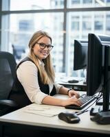 un mujer en lentes sentado a un escritorio en frente de un computadora generativo ai foto