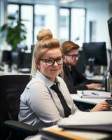 a woman in glasses sitting at a desk in front of a computer generative ai photo