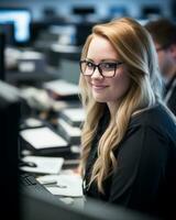 a woman in glasses sitting at a desk in front of a computer generative ai photo