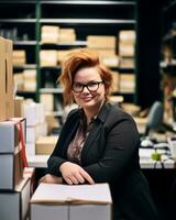 a woman in glasses sitting in front of a stack of boxes generative ai photo