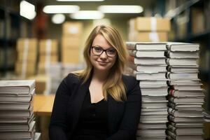 un mujer en lentes sentado en frente de pilas de libros generativo ai foto