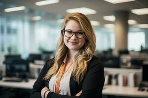 a woman in glasses standing in an office with her arms crossed generative ai photo
