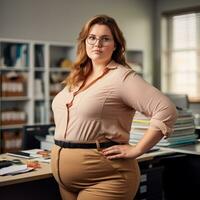 a woman in glasses standing in front of a desk with her hands on her hips generative ai photo