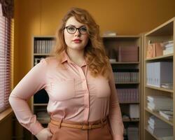 a woman in glasses standing in front of a bookshelf generative ai photo