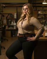 a woman in glasses standing in front of a desk generative ai photo