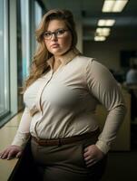 a woman in glasses standing in front of a window generative ai photo