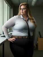 a woman in glasses standing in front of a window generative ai photo