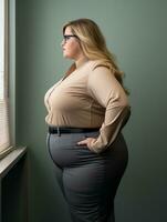 un mujer en lentes en pie en frente de un ventana generativo ai foto