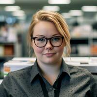 a woman in glasses standing in front of bookshelves generative ai photo