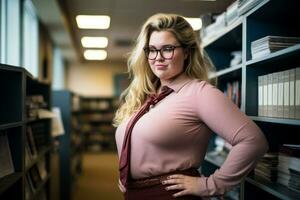 a woman in glasses standing in front of bookshelves generative ai photo
