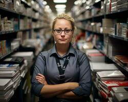 a woman in glasses standing in front of bookshelves generative ai photo